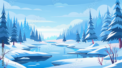 Snowy Winter Landscape: Frozen River & Pine Trees