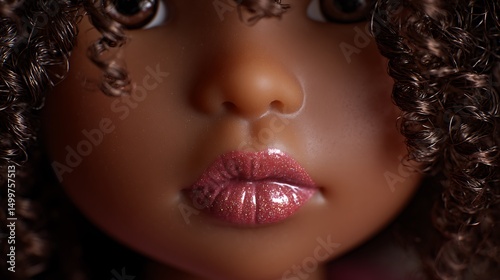 Closeup of a Black Doll's Face with Curly Hair and Pink Lipstick