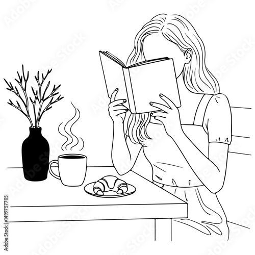 A women reads a book with croissant, coffee and vase on table, line drawing style. Vector Illustration
