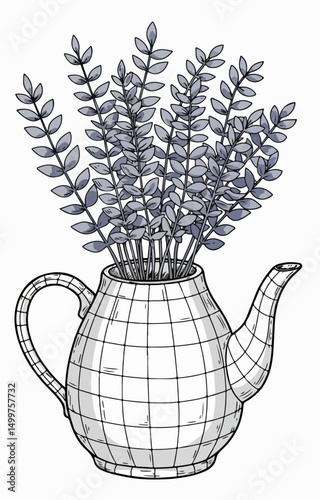 Beautiful teapot filled with several stems of lavender bouquet, outline drawing. Vector Illustration