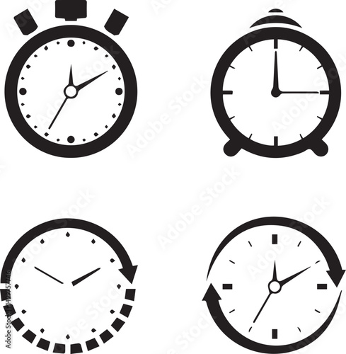 Time-telling collection: A collection of essential timekeeping devices. Clock faces, time passing, timely and organized and precise, suitable for concepts related to time management, productivity.