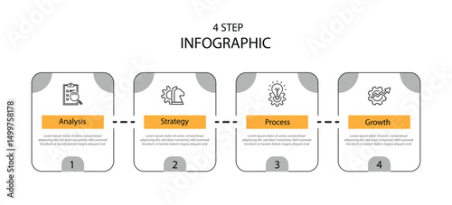 Design template infographic. 4 step square lines with icons. Graphic presentation and business information 