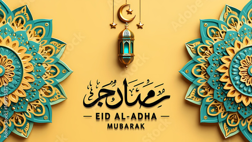 Eid al-Adha Mubarak illustration with lantern, moon, stars and floral ornaments
