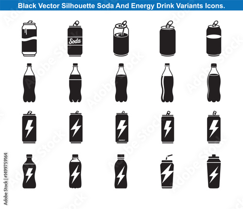 Collection of Soda and Energy Drink Can and Bottle Silhouettes vector icons.