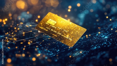 Golden credit card floats amidst digital network