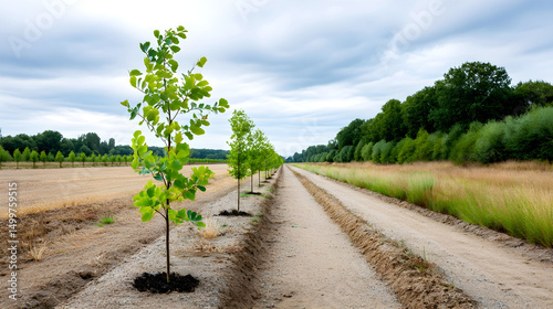Young trees planted in neat rows along a dirt road with fields and forests under cloudy sky. Copy space