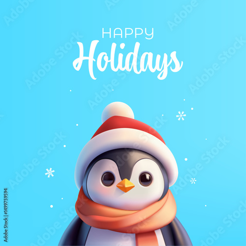 Happy Holidays. Realistic 3D penguin character. Modern banner for greeting. Christmas celebration. New Year's advertising. Vector illustration.