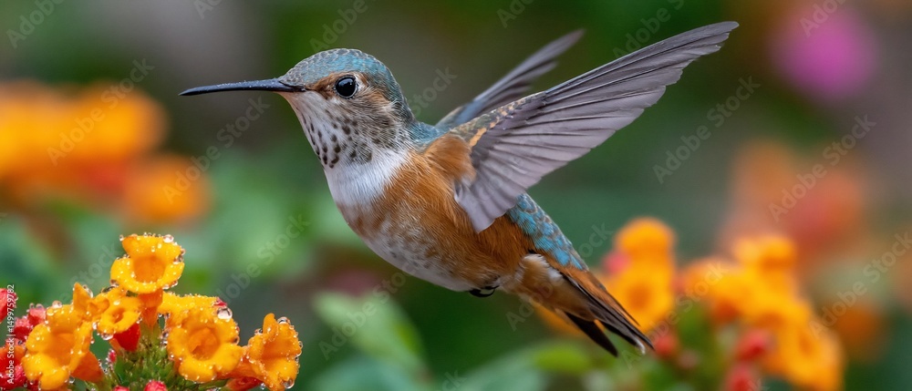 Fototapeta premium Hummingbird glides amongst orange blossoms