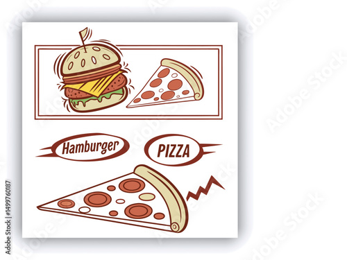 Fast food restaurant business marketing social media post or banner template design with abstract geometric background, logo and icon. Promotion flyer or web poster for pizza and vegetable burger.