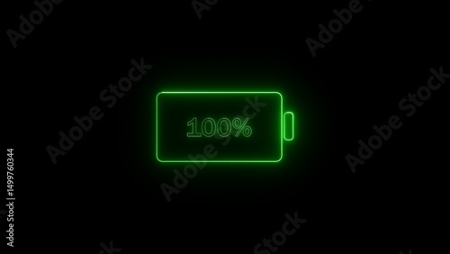 Glowing neon green battery icon showing a full 100 percent charge on a black backdrop perfect for illustrating energy power and charging concepts.