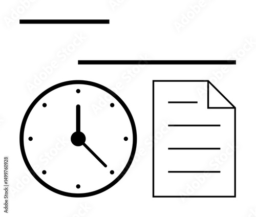 Analog clock with clear face next to a document with text lines. Ideal for organization, deadlines, time tracking, planning, focus, productivity, efficiency. Flat simple metaphor
