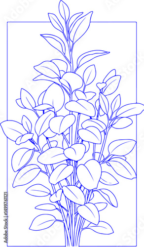 Minimalist line drawing of a houseplant with many leaves. Vector Illustration