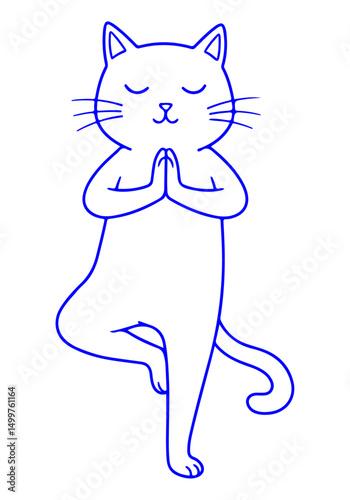 Minimalist line drawing of a cute cat in tree yoga pose. Vector Illustration