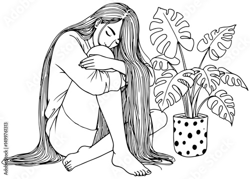 Unhappy sad woman sitting with her knees and long hair, beside her a potted plant, outline drawing. Vector Illustration