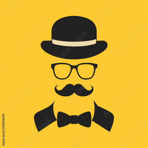 Set of Silhouettes of a man's head in a hat, mustache, glasses and bow tie
