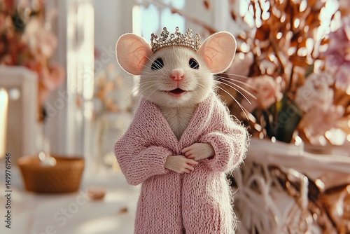 An adorable white mouse, wearing a majestic purple robe and a bejeweled crown, sitting on an ornate throne in a grand cathedral-like setting, bathed in warm lighting