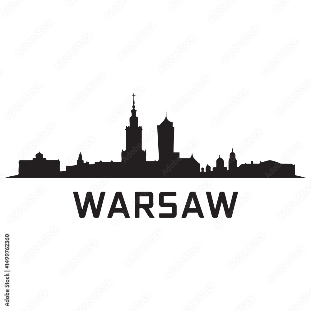Fototapeta premium Warsaw skyline horizontal banner. Black Warsaw, Poland. Vector template for your design. Vector black silhouette. with white background