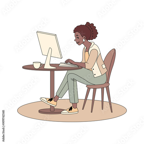 A girl working at a computer on a white background