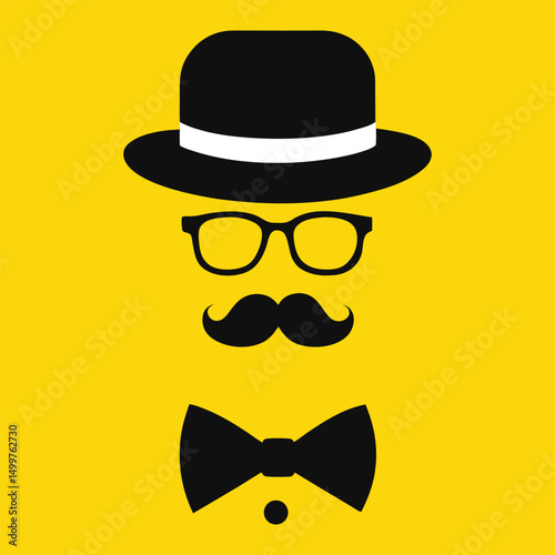 Set of Silhouettes of a man's head in a hat, mustache, glasses and bow tie