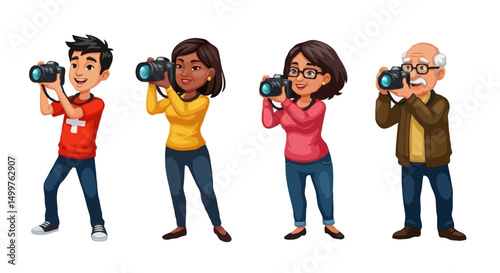  Cartoon diverse characters holding digital cameras photographing, isolated on white background, vector art