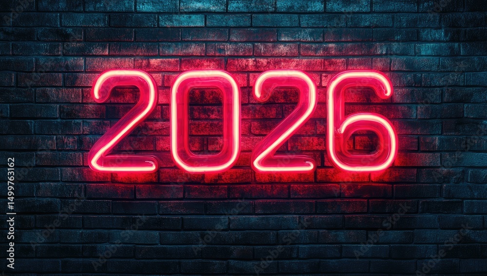 Obraz premium Neon red 2026 digits on a dark brick wall