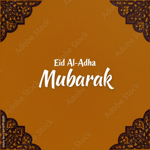 Eid al-Adha Mubarak wishes with decorative corner elements on brown background