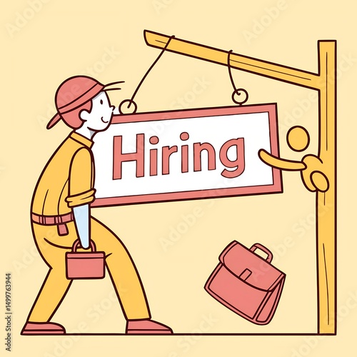 A simple Hiring sign is posted on a storefront window, catching the eye of passersby. People stop to take a quick look
