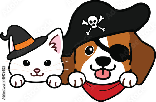 Simple and adorable Halloween illustration of white cat and Beagle with paws