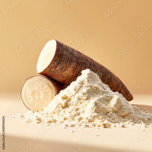 Fresh taro root and powder on beige background  