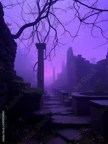 Mysterious Byzantine Purple fog envelops ancient ruins, highlighting moss-covered stones, twisted vines, and fading light, evoking secrets, forgotten histories, and timeless mystery.
