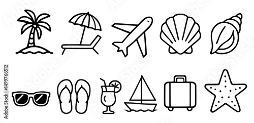 Set of 11 Summer tropical travel icons, linear style