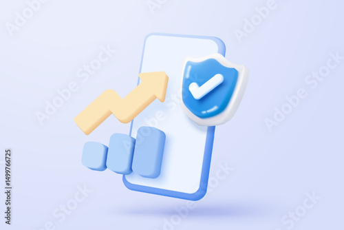 3D mobile phone with shield security icon for online shopping, online payment with protection. Application safety using a smartphone concept. 3d mobile phone safety vector icon render illustration