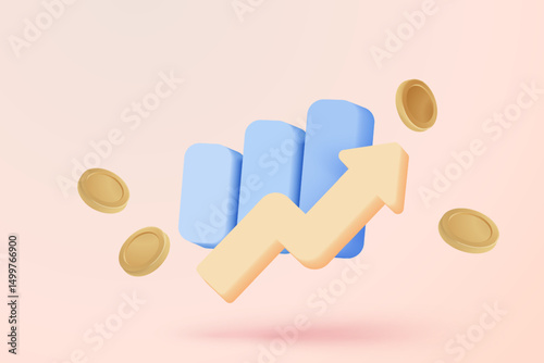 3D graph up with alert notice icon for finance statistic, sell and buy report. analyzing investment money cash and exchange with finance. 3d trading stock report icon vector render illustration