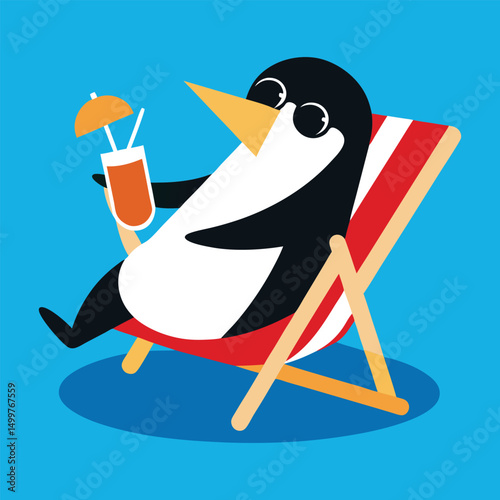 vector illustration of a Penguin relaxes in his deck chair with a cool glass