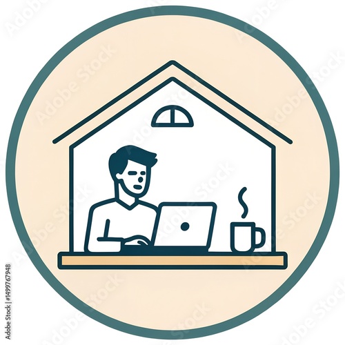 coffee cup and laptop: A freelancer icon with a laptop and a coffee mug on a desk.