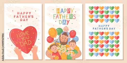 Happy Fathers Day card set. Vector cute illustration of dad with children. Drawings Father's Day with holiday wishes for postcards, posters,  banner.