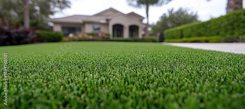 Close-up of artificial turf in a residential yard.  A house is visible in the background