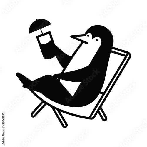 vector illustration of a Penguin relaxes in his deck chair with a cool glass