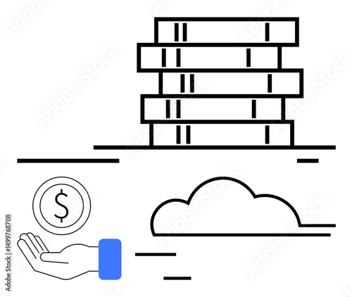 Server stacks, a hand holding a coin, and a cloud element. Ideal for technology, cloud computing, data storage, cost management, IT infrastructure, online services simple landing page