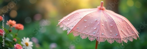 Elegant parasol adorned with delicate lace, vibrant ribbons, and charming floral embellishments, perfect for garden parties or whimsical photoshoots ,  roses,  blue