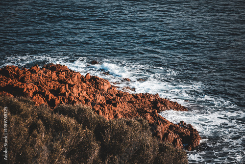 landscape of cap roux cliffs in french riviera, with detail on stone and water