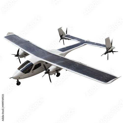 Solar-powered drone with large wingspan and rear propeller, futuristic design, floating on pure white