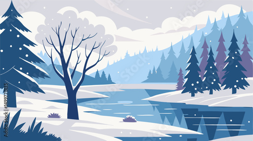 Snowy Winter Landscape Illustration: Frozen River, Trees, Mountains
