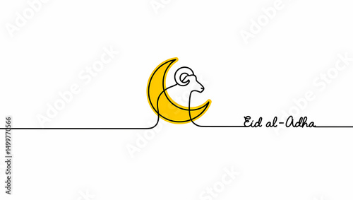 Eid al-Adha illustration of sheep on yellow moon isolated on white background