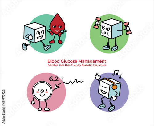Cute Diabetic Characters perform blood glucose management: Blood Drop, jogging, dancing and doing exercise Sugar and glucose blood monitoring Sensor. They are happy and kids friendly. 