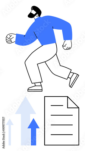 Male figure in motion, upward arrows, and a document emphasizing progress, personal growth, achievement, and success. Ideal for productivity, ambition, goal setting entrepreneurship career growth