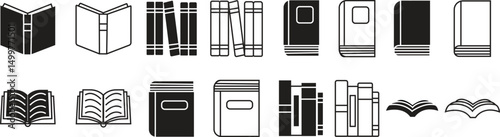 books icons set flat and line style. Book school library publishing dictionary textbook magazine open closed page studying vector collection