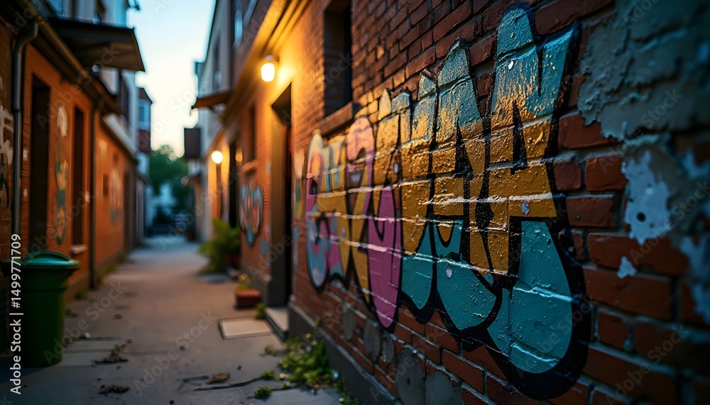 Fototapeta premium Graffiti Art on Brick Wall in Urban Alleyway at Dusk