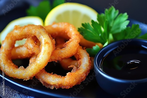 Crispy fried squid rings on a dark plate, garnished with lemon slices and parsley, accompanied by dark sauce