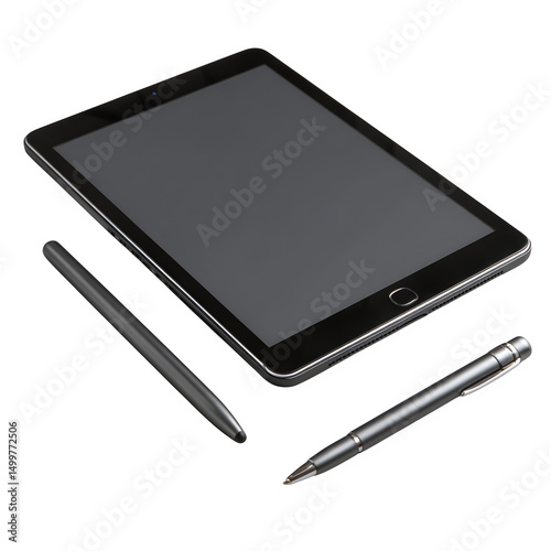 Tablet with a stylus pen placed beside it, front view, isolated on white background, sharp focus, minimalistic aesthetics